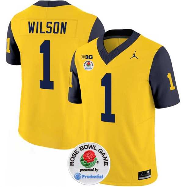 Men's Michigan Wolverines #1 Roman Wilson 2023 F.U.S.E. Yellow Navy Rose Bowl Patch Stitched Jersey Dzhi